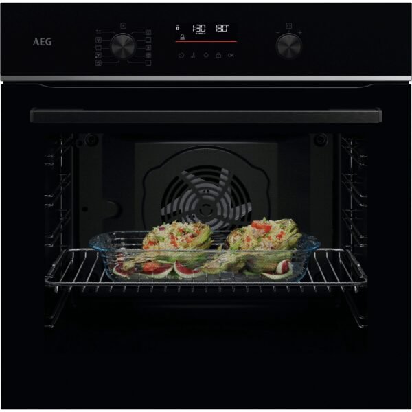 AEG Horno Multifunción TU5PB431SB, 72 L, Limpieza Pirolítica, 9 Funciones, 45 Programas, Wifi, SurroundCook, Pantalla LED, Cocción Multinivel, Carriles Telescópicos, Mandos Escamotables, Cristal Negro